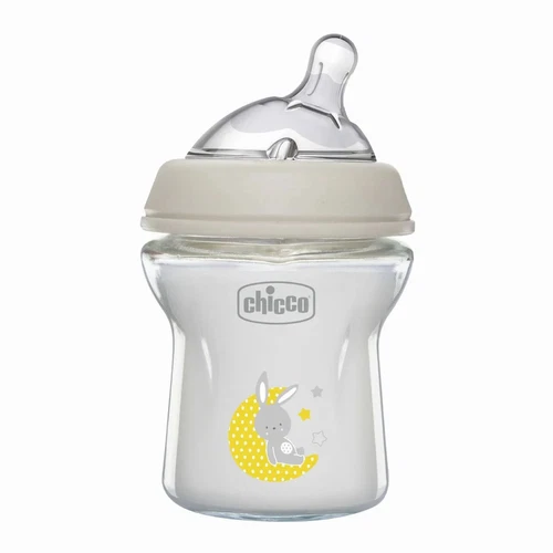 Chicco Glass Baby Bottle 150ml 0m+ Natural Feeling Silicone Teat Grey 81211-30