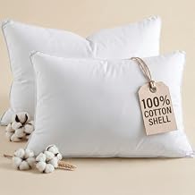 100% Cotton Bed Pillows - Queen Size Set of 2 - Super Soft, Breathable, Down Alternative Polyester for Back & Stomach Sleepers - Low Density, Low Loft Support & Machine Washable - 20" x 40" (White)