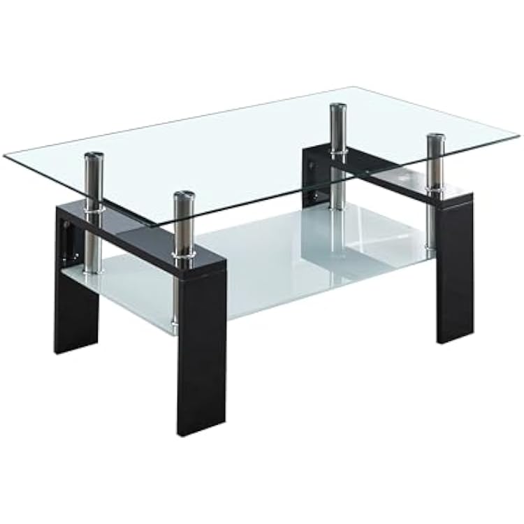2-Tier Glass Coffee Table, Rectangle Center Table with Double-Layer Tempered Glass Storage Space and Black MDF Legs, Modern Living Room Table for Home Office, Waiting Room