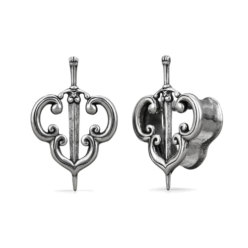PUNKYOUTH Sacred Sword Ear Tunnels Gothic Baroque Plugs for Stretched Ears, Alternative Double Flare Gauges, Darkwear Occult Piercing Jewelry Gift for Women Men 0g1 Inch