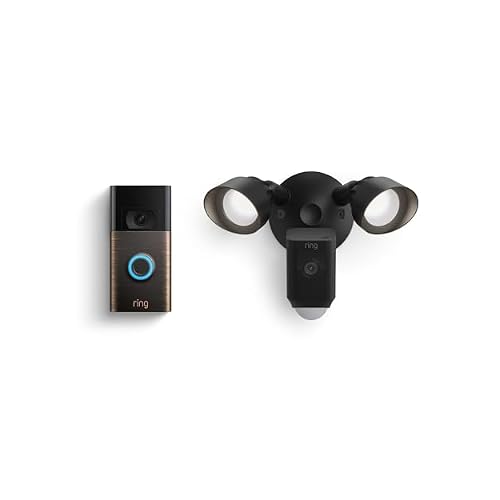 Ring Floodlight Cam Wired Plus, Black with Ring Video Doorbell, Venetian Bronze