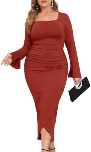 ZOMVA 2024 Plus Size Cocktail Dress Comfortable Bell Sleeves Wedding Guest Square Neck Semi Formal