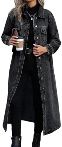 LQX Womens Casual Longline Button-Up Denim Coat Classic Jean Jacket Trench Coats with Pocket