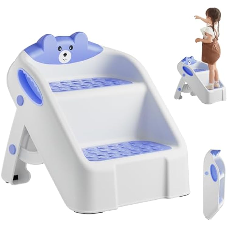 Toddler Step Stool for Bathroom Sink, 2 Step Stools for Kids, Kids Step Stool with Safety Non-Slip Pads and Handles, Foldble Kids Stool, Toddler Stool for Kitchen Toilet Counter Bed Blue