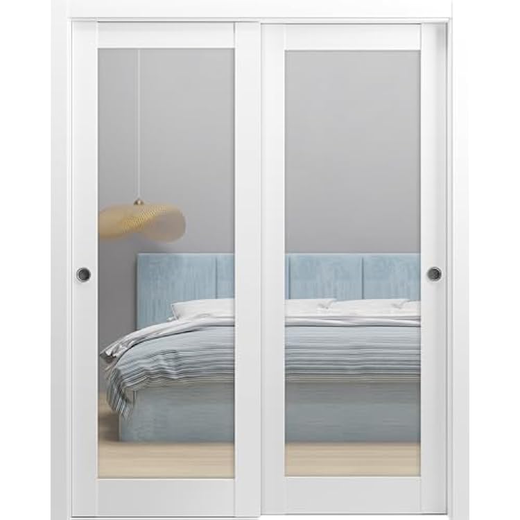 Sliding Closet Door SARTODOORS Lucia 1299 Bypass Interior Doors with Mirror, Solid Wood, 72x80, White, Modern Style Hardware Included