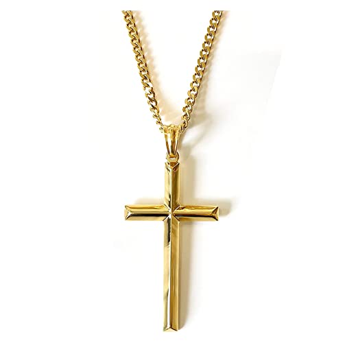 14K Gold Chain Style Cross Pendant Necklace Solid Clasp for Men, Husband Thin for Charms Miami Cuban Link Diamond Cut Religious Beveled Edge