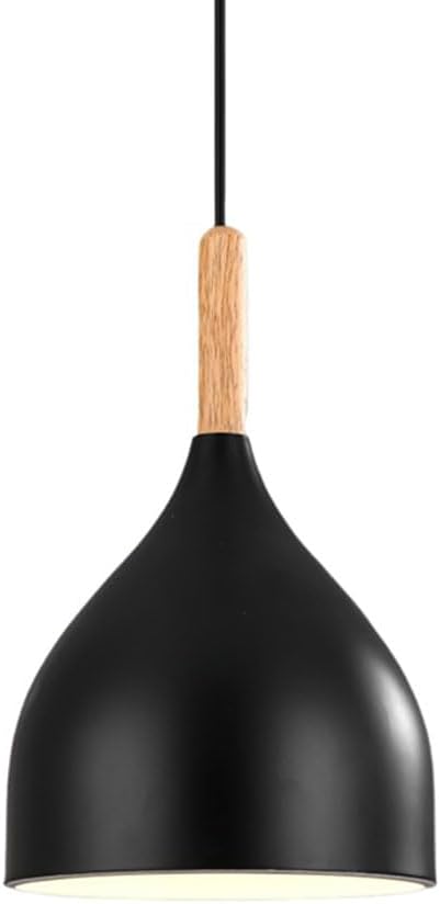 Simple Chic Pendant Lamp Personality Black Pendant Lights, 1-Light Hanging Lighting for Dining Room, Bedroom, Barn, Bar, Kitchen Lamp Fixture E27 with Wooden Top, 17cm, Dark