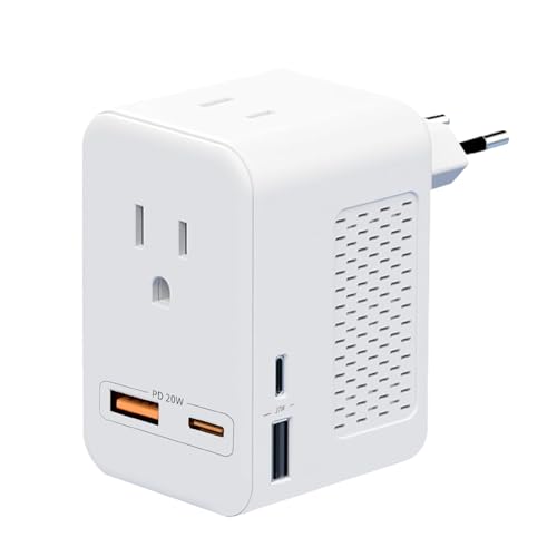 220V to 110V Voltage Converter US to Europe International Universal Travel Adapter, 20W PD with Fast Charging 2 USB-A 2 USB-C Port for European Travel to Italy Spain France Portugal Iceland Germany