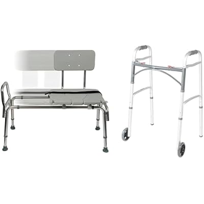 DMI Tub Transfer Bench and Shower Chair with Non Slip Aluminum Body & Drive Medical 10210-1 2-Button Folding Walker with Wheels