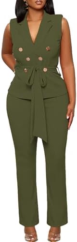 Blazer Pants Suits for Women Dressy Sleeveless Vest with Belt Wide Leg Pants 2 Piece Outfits Business Set Casual Suiting