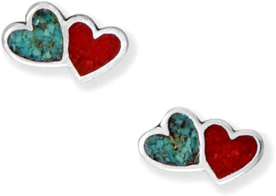 925 Sterling Silver Coral and Turquoise Chip Double Love Heart Earrings Oxidized Stud Have Inlay Earring Posts Stainless Steel Stud Earring for Women