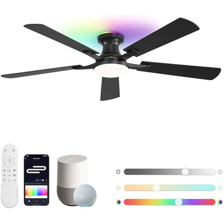 ZMISHIBO 52 Inch Smart Ceiling Fans with RGB Lights, Low Profile Flush Mount Ceiling Fan with AlexaAppRemote Control, Dimmable 20W LED Light, Black Modern Fan for Living Room, Bedroom, Game Room