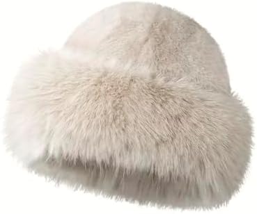 Womens White Fur Bucket Hat, White Soft Plush Fur Beanie for Winter, Faux Fur Winter Hat