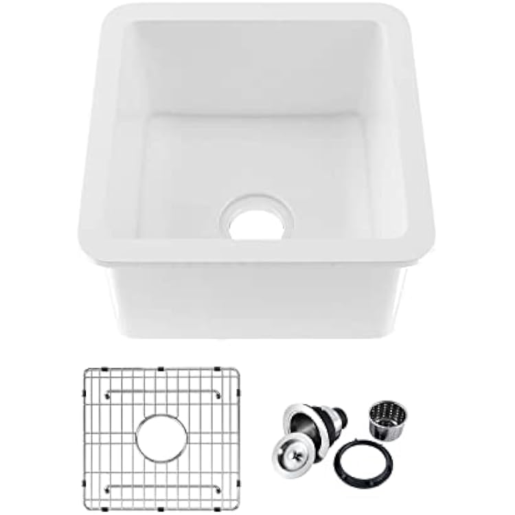KIBI K2-S18SQ Single Bowl Heat Safe Glazing Fireclay Undermount Kitchen Sink 18 inch with Stainless Steel Bottom Grid and Basket Strainer, Garbage Disposal Compatible Cubic Series, White