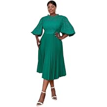 AOMEI Women's Elegant Lace Patchwork A-line Midi Pleated Hollow Out Lantern Sleeve Dress Wedding Guest Party Dresses