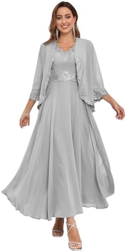 2 Pieces Tea Length Mother of The Bride Dresses for Wedding Beaded Chiffon Formal Evening Dress with Jacket Silver Size 16