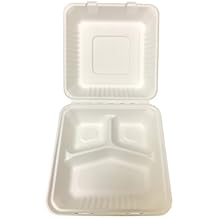 Primeware Bagasse Hinged Lid Container - Large 3-Section 9 x 3.19" - 200/Cs (2 x 100)