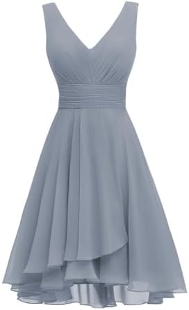 Womens Double V Neck Short Bridesmaid Dresses 2025 Ruched Waist A Line Chiffon Formal Cocktail Party Dress