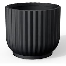 Kante Round Fulted Planter, 11 Inch Dia Large Concrete Plant Pots with Drainage Hole and Rubber Plug, Modern Decor for Indoor Outdoor Plants, Flower, Black