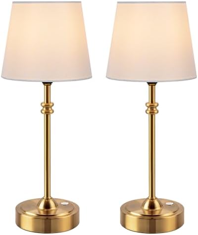 ONEWISH Cordless Table Lamps Set of 2 - Battery Powered Lamp, 4000mAh Rechargeable, Stepless Dimmable, Wireless Lamp with Fabric Shade, 2700K Warm Ambient Light for Dining, Patio, BathroomGold