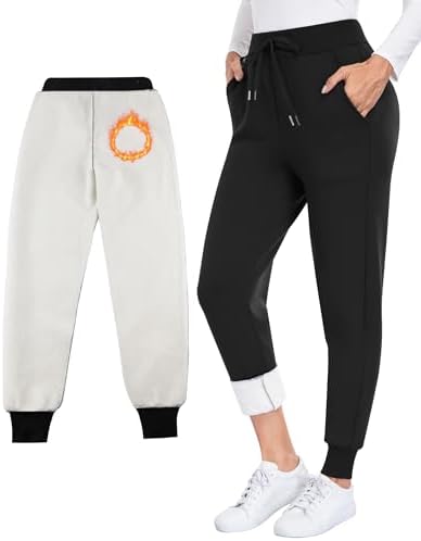 CHRLEISURE Fleece Lined Pants Women - Thermal Winter Warm Cold Weather Athletic Jogger Sweatpants with Pockets