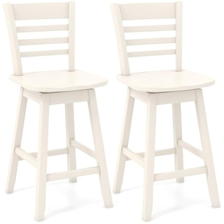 COSTWAY Bar Stools Set of 2, 24.5 Inch Swivel Counter Height Bar Chairs with Hollow Backrest & Contoured Seat, with Footrest for Kitchen Island, Pub, Bistro, Cafe 2, Cream
