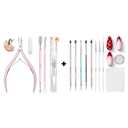 Beetles Manicure Kit for Women with Cuticle Remover, 3 PCS Pink Mani & Nail Art Brushes 8pcs Crystal Nail Art Tools 5pcs Double-headed Nail