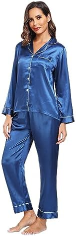 Super Shopping-zone Womens Satin Pajama Set Long Sleeve Pajamas Button Down Pjs Set Silky Sleep Set Sleepwear Loungewear