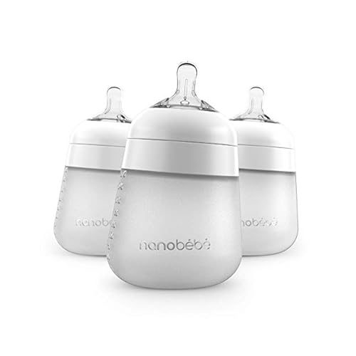 Nanobebe Flexy Silicone Baby Bottle, Anti-Colic, Natural Feel, Non-Collapsing Nipple, Non-Tip Stable Base, Easy to Clean, 3-Pack, White, 9oz