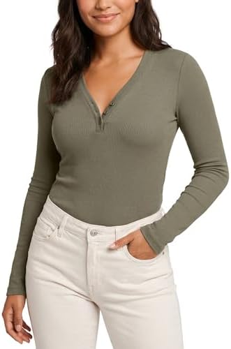 Zengjo Henley Shirts for Women Long Sleeve Ribbed Soft Viscose Blend Slim-Fit V Neck Baselayer Top