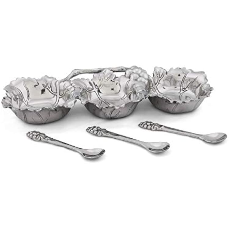 Arthur Court Designs Aluminum 3 Bowl Grape Condiment Server with serving spoons 13 inch across