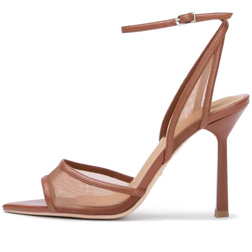 YIYA Womens Black Mesh Slingback Kitten Heels Sandals Open Peep Pointed Toe Stiletto High Heels Ankle Buckle Strap Summer Party Dress Pumps Shoes