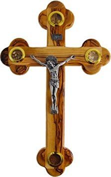 Jerusalem Medium Olive Wood Cross Crucifix with Holy Essences