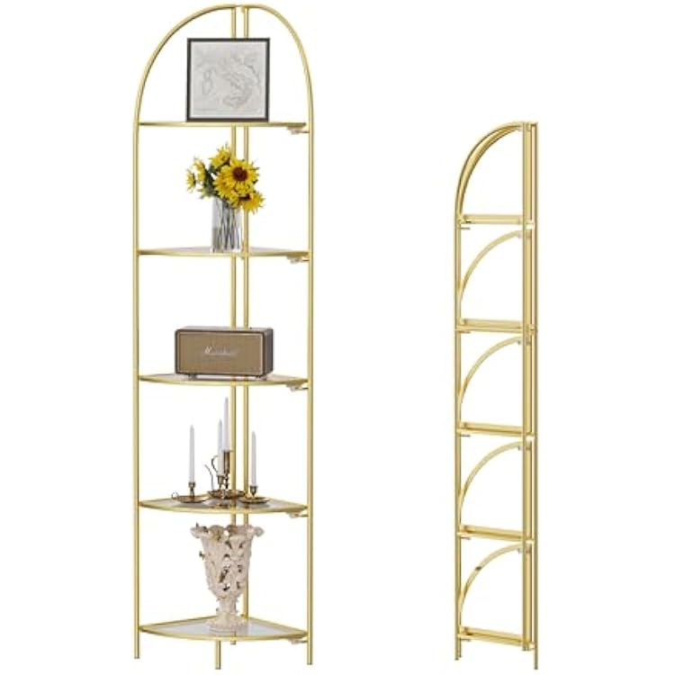Crofy Foldable 5 Tier Corner Shelf, Metal Corner Plant Stand with Gold Frame and Transparent Shelves, Corner Display Rack Multipurpose Shelving Unit for Living Room, Bedroom, Bathroom