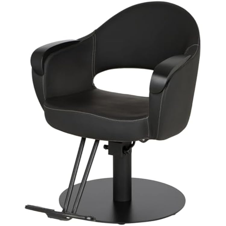 Buy-Rite Luna Noir Styling Chair Professional Salon & Barber Chair with Mid-Century Design, Stitch Pattern, Black Metal Arms, Hydraulic Base, Easy-Clean Vinyl, YLG-356-BLK Black Flat Round Base.