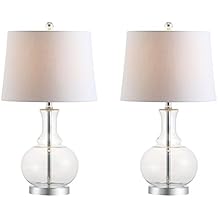 JONATHAN Y 25" Cobalt Blue/Brass Gold and Brass Gold Glass Table Lamp Set of 2 for Bedroom, Modern Bedside Lamp for Living Room Nightstand, White Linen Drum Shade, LED Bulb Included (JYL1068C-SET2)