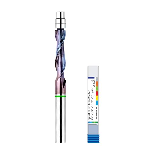 Upcut Spiral Flush Trim Router Bit 14 Shank, 1-18 Cutting Length, Solid Carbide Template Router Bit with Double Ball Bearings, High-Efficiency Chip Removal for Woodworking