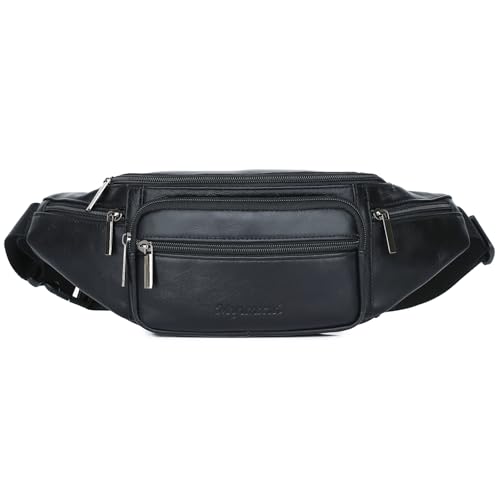 Genuine Leather Fanny Pack Waist Bag for Men Women Hip Bum Bag Travel Pouch Sling Bag Crossbody Chest Bags Shoulder Daypack Multiple Pockets Waist Pack Black