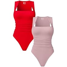 OQQ Womens Square Neck Sleeveless Bodysuit Shapewear Tank Top Stretchy Slim Fit Bodycon Top for Going Out 2 Pack