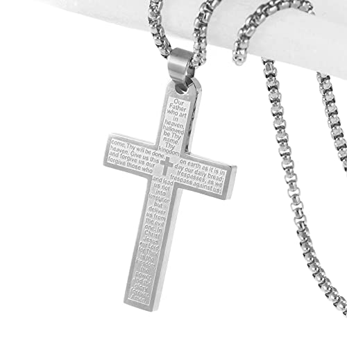 Stainless Steel Cross Necklace, Lords Prayer Cross Pendant Necklace with 24 Hip Hop Chain, Stainless Steel Jewelry for Men Women, Religious Gift