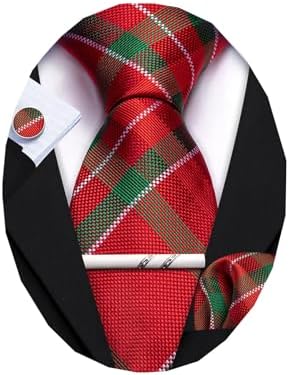 Barry.Wang Tie Sets for Men Plaid Necktie Silk Woven Checkered Handkerchief Cuff Links with Clip Business