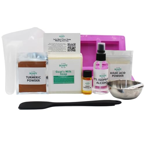 The Soapy Biz Turmeric & Lemon Oil Kojic Acid Soap Making Kit DIY Brightening Goat Milk Soap Base, Natural Turmeric Powder, Lemon Essential Oil & Kojic Powder Beginner-Friendly DIY Skincare Gift
