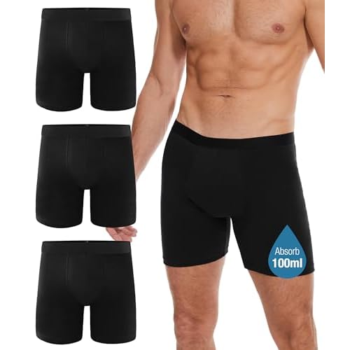 Incontinence Underwear Long Leg For Men, 100ML Absorbent Cotton Washable Leak-Proof Reusable Boxer Brief 3 Pack US, Alpha, Small, Regular, Regular, Black