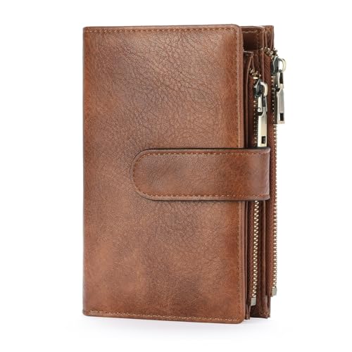 GOIACII Womens Wallets RFID Blocking Leather Trifold Clutch Wallet Credit Card Holder Ladies Purse 3 ID Windows Brown