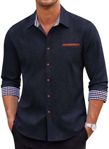 COOFANDY Mens Long Sleeve Casual Button Down Shirts Untucked Shirts Plaid Collar Vintage Denim Shirt