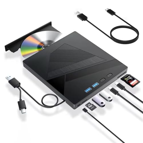 [7 in 1 External DVD Drive, External CDDVD Drive for Laptop with 2 Type C, 2 USB A, SDTF Port, DVD Player CD DVD Burner, CD ROM Optical Drive for PC Laptop Windows Linux MacOS Black