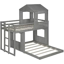 Playhouse Bunk Bed Twin Over Full Size, Wooden Bunk Bed with Roof, Windows, Ladder and Guardrails, House Bunk Bed Frame for Kids Teens Girls Boys, No Box Spring Needed (Antique Gray)