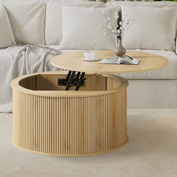 Lift Top Coffee Table, Fluted Round Coffee Table with Storage, Farmhouse Center Dining Table Circle Table for Living Room, Apartment, Home Office Natural