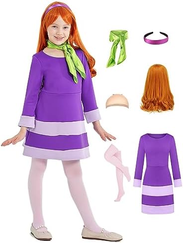 Daphne Costume Dress Kids Girls Halloween Costume Deluxe Cosplay Outfits Wig Scarf Headband Stockings Accessories