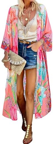 MayBuy Women's Summer Long Flowy Kimono Cardigans Boho Chiffon Beach Cover Up Tops
